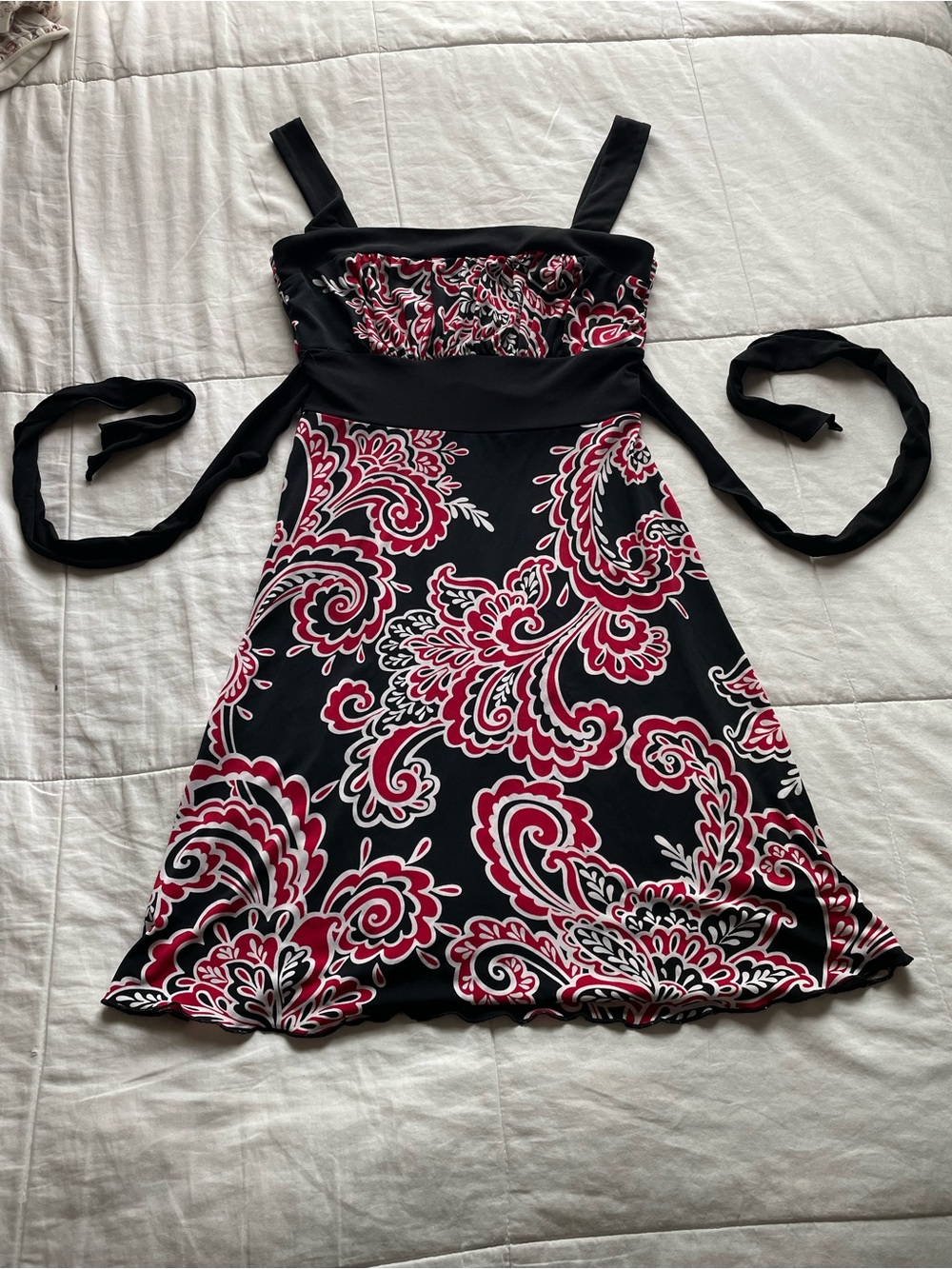 Y2K Black Red Paisley Tie Back Mini Dress Small Whimsigoth Fairy Grunge 2000s